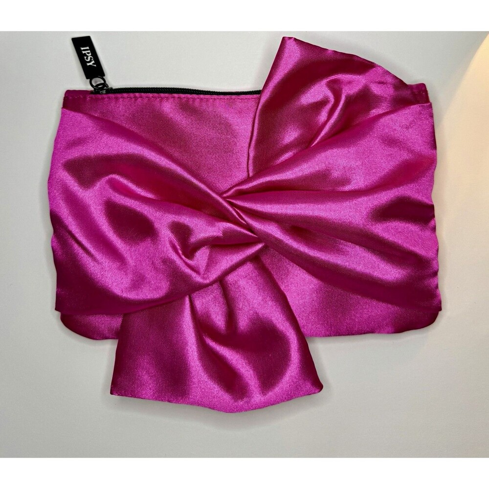 Ipsy Pink Satin Bow Zipper Makeup Bag Pouch Cosmetic Organizer Bag